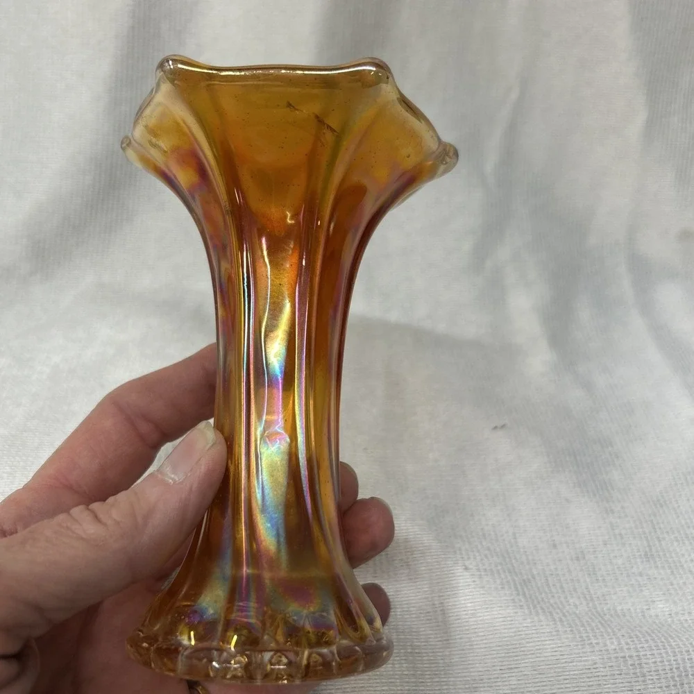 Thin Rib & Drape Marigold  Imperial Carnival Glass  Mini Vase